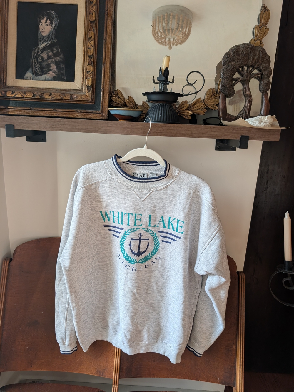 90s Vintage White Lake Michigan Anchor Graphic Sweatshirt - Light Gray